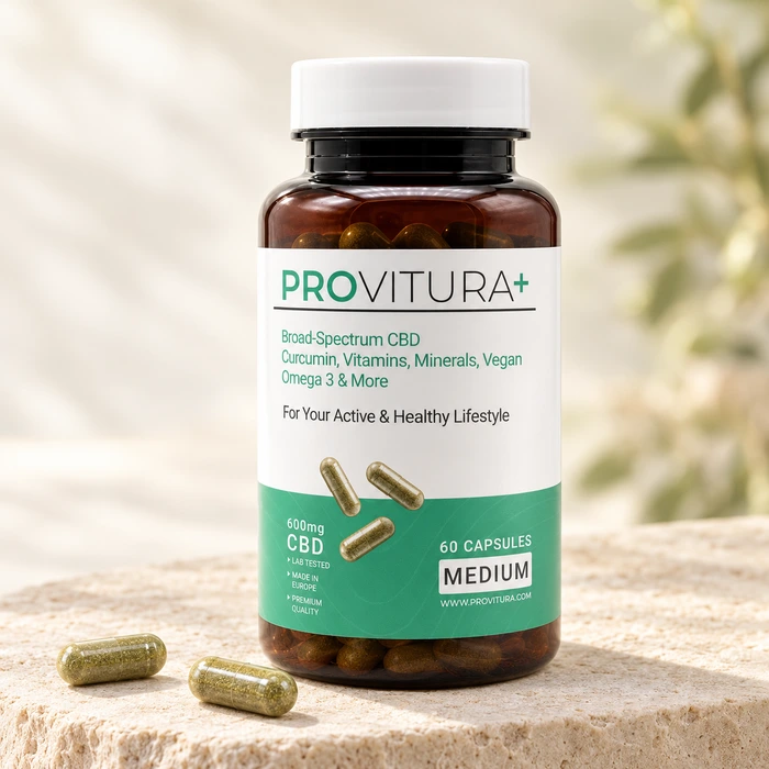 Provitura+ Medium-fles met twee capsules op een kalkstenen sokkel.
