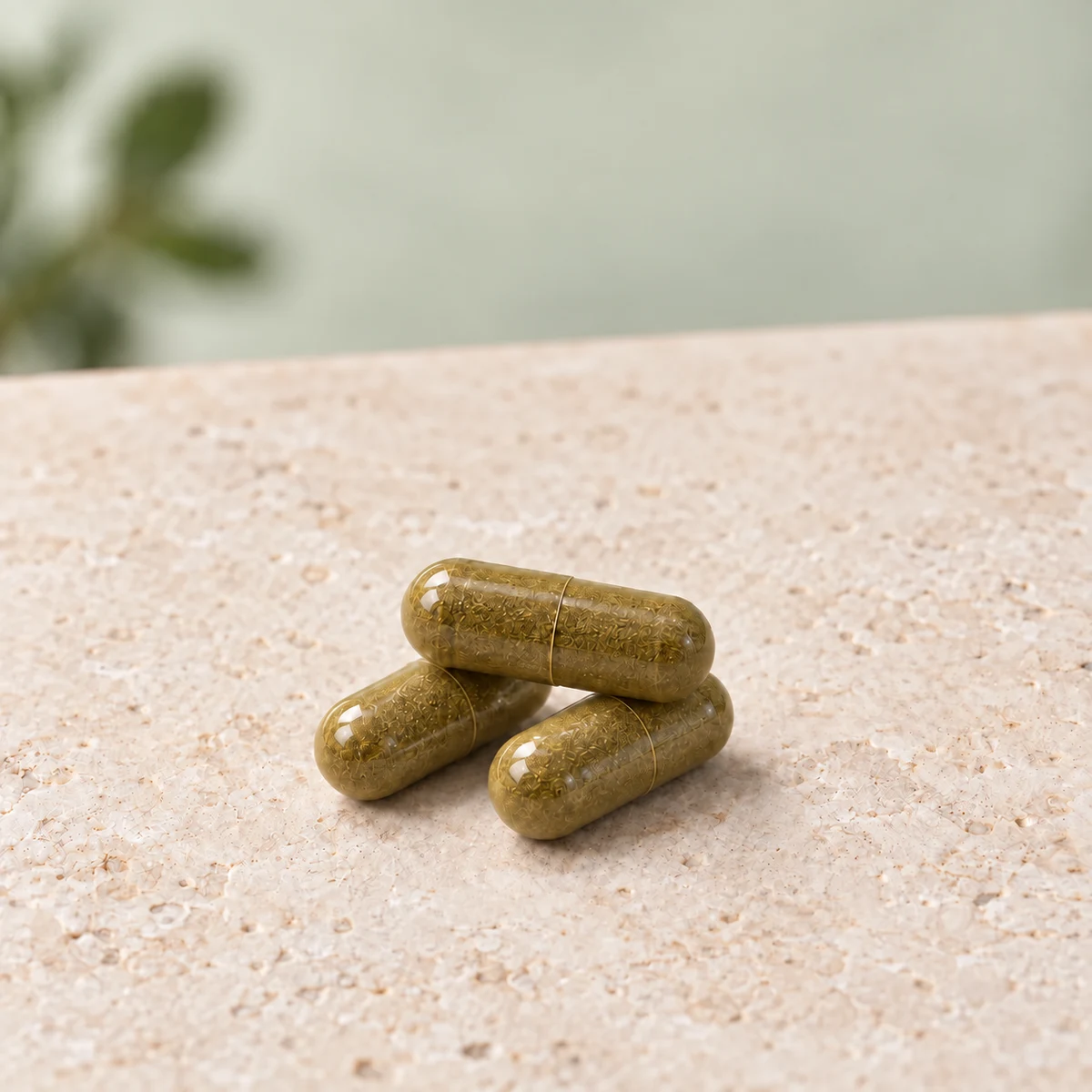 Drie capsules op een licht stenen oppervlak met een rustige groene achtergrond.