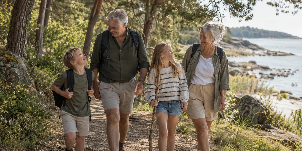 Grootouders wandelen met hun kleinkinderen langs de kust.