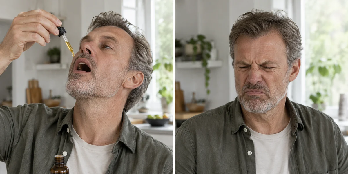 Een man neemt olie uit een pipet en reageert op de smaak.