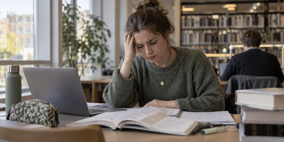Een gefrustreerde student bereidt een examen voor in de bibliotheek.