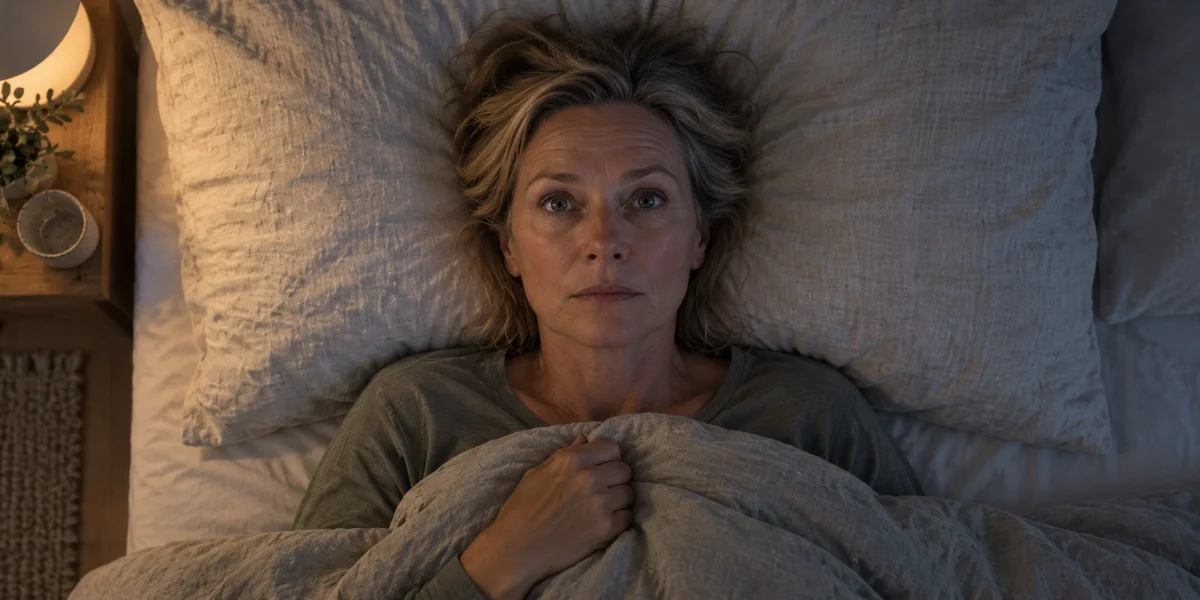 Bovenaanzicht van een vermoeide vrouw die wakker in bed ligt.